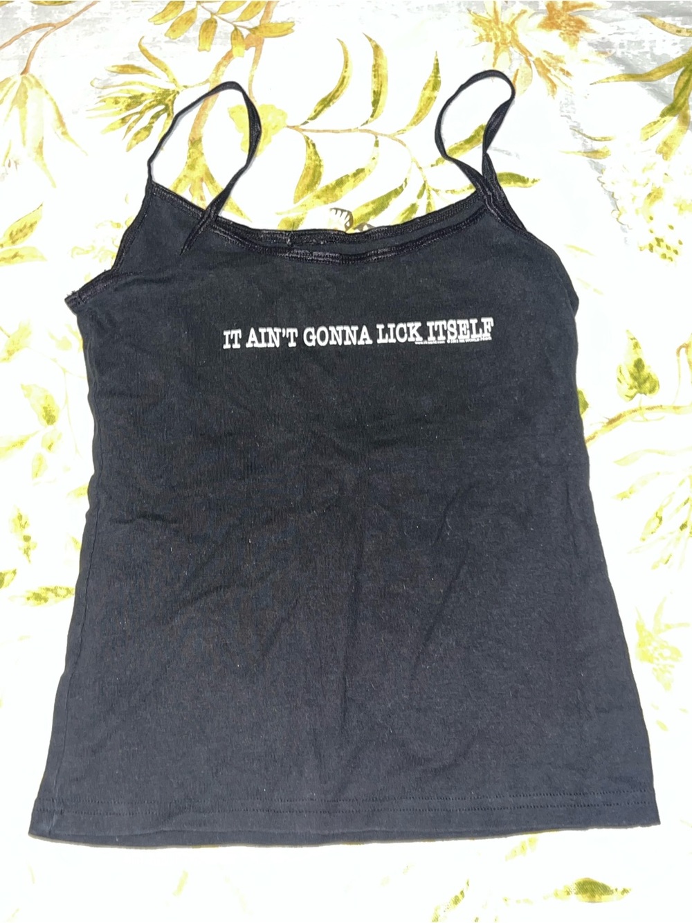 Black Graphic Spaghetti Strap Tank Top - Bold White Text